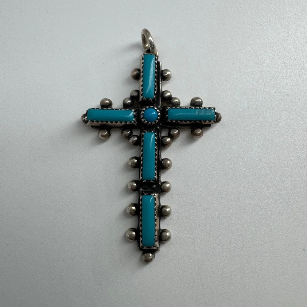 Vintage Navajo Sterling Silver Turquoise Cross Pendant - Signed Tom Bahe